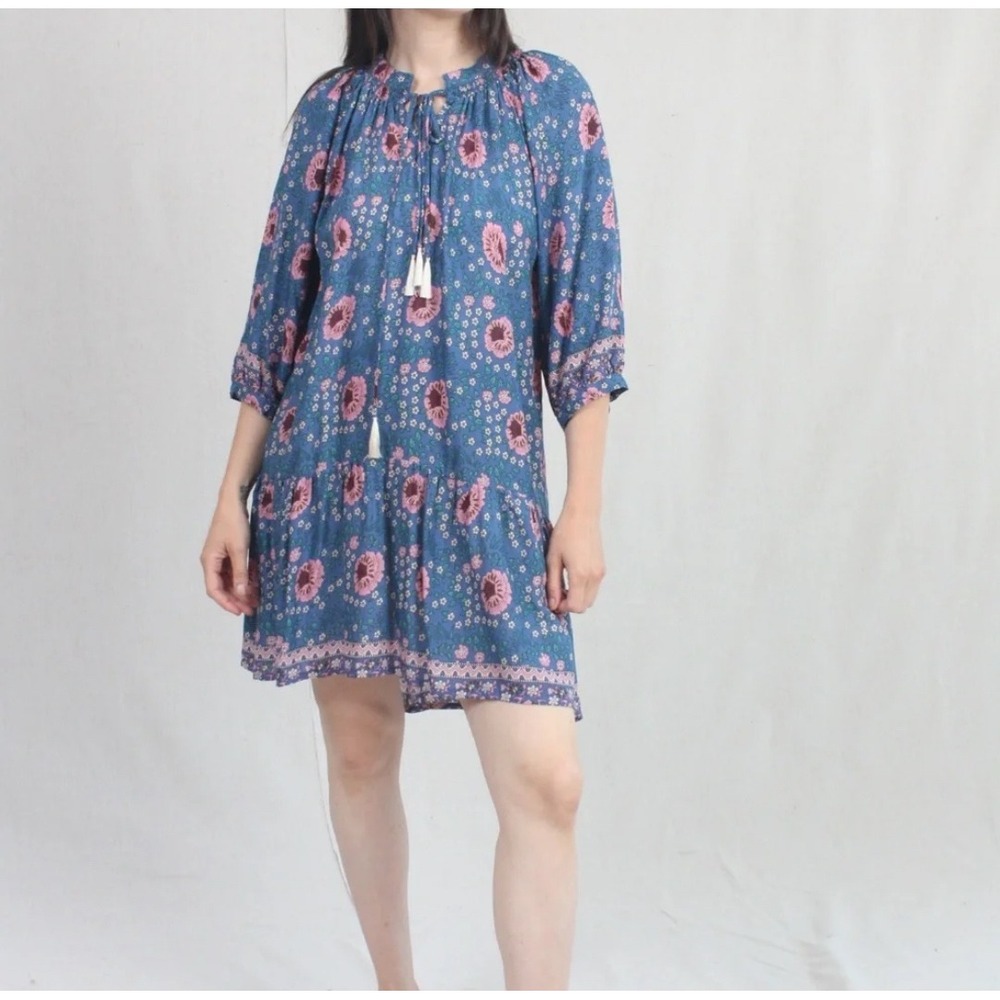 Natalie Martin Fiore Blue‎ Floral Batik Tassel Tie Rayon Mini Dress Small
